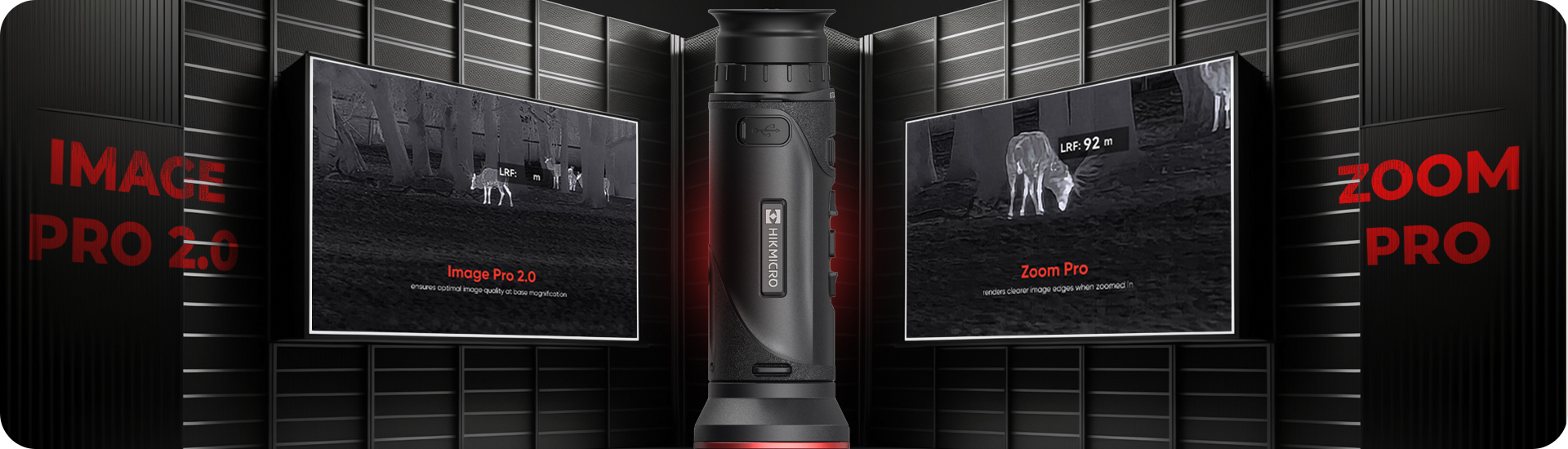 Grafika prezentująca technologie Image Pro 2.0 i Zoom Pro w kamerze termowizyjnej HIKMICRO Falcon 2.0
